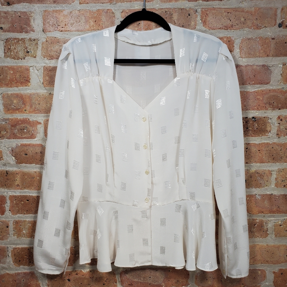 Ivory Silky Satin Sweetheart Neck Geometric Long Sleeve Peplum Button Up Blouse